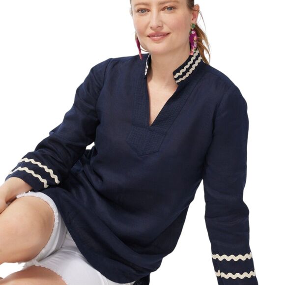 CHICO'S Rick Rack Trim Blouse Top Size 3 Size 16 Linen V-Neck Long Sleeve Navy - Picture 14 of 15